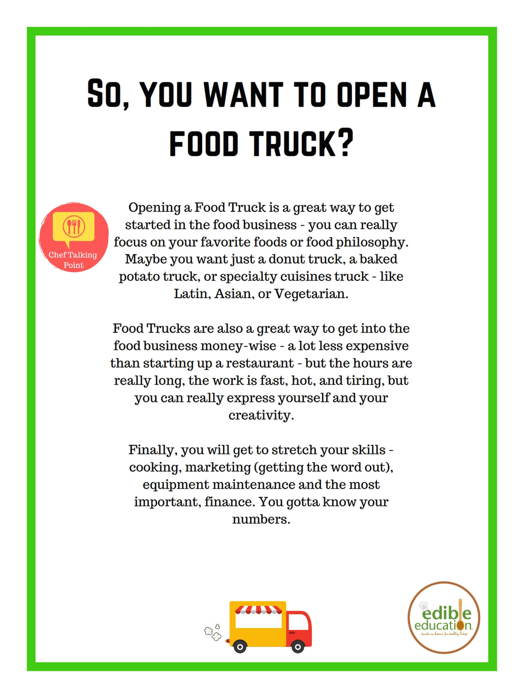 The Edible Education Group - So You want to Open a Food Truck, with Activity Book (24 Pages)
